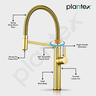 Plantex Solid Brass Kitchen Sink Mixer Tap | Hot & Cold Water Single Lever With 360° Swivel Spout | Gold (8982)