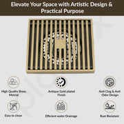 Plantex Solid Brass Floor Drain/Shower Drain/Bathroom Floor Drain with Cockroach Trap/Kitchen- (Brass Antique, 5 x 5 Inches)