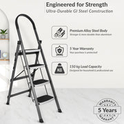 Plantex 4 Step Ladder for Home-Foldable Steel -Wide Anti Skid Steps - 5 Year Manufacturer Warranty (Gray & White)
