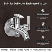 Plantex COL-1007 Pure Brass 2 in 1 Tap for Washing Machine with Water Saving Aerator /2-Way Bib Cock for Bathroom with Brass Wall Flange & Teflon Tape (Mirror-Chrome Finish)
