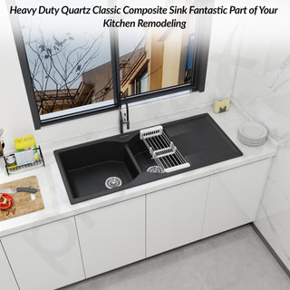 Plantex Kitchen Sink/Quartz Sink for Kitchen/UV Protected Double Bowl with Drain Board, Coupling and Adjustable Drain Rack (Charcoal Black - 45x20inch)