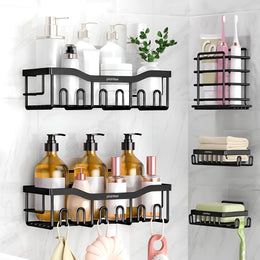 Plantex Self Adhesive Bathroom Shelf/Bathroom Organiser without Drill/Adhesive Wall Shelves/No Drill Bathroom Shelves/Soap Holder with Tooth Brush Holder-(Black, Pack of 5)