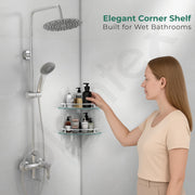 Plantex Premium Glass Corner Shelf for Bathroom/Bathroom Corner Shelf/Kitchen Glass Shelf/Wall Mounted Shelf with Brass Railings and Wall Brackets (9x9 Inches-Pack of 2 - Frosted)