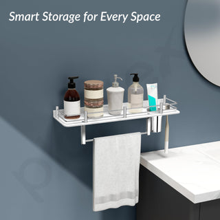 Plantex Acrylic 3 in 1 Multipurpose Bathroom Shelf/Towel Hanger/Rack/Tumbler Holder/Bathroom Accessories-White (18 x 5 Inches)