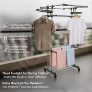Plantex Stainless Steel Cloth Stand/Foldable Cloth Stand for Balcony/Stand for Cloth Drying with 4 Hangers (Chrome & Gray) Aeronest Jumbo