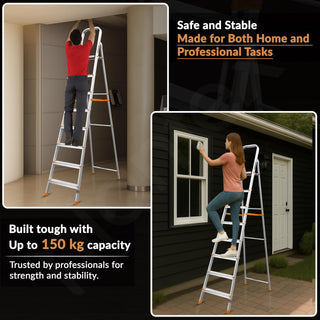 Plantex Legend Aluminium Folding 8 Step Ladder for Home - 8 Step Anti Skid Ladder/Wide Step Ladder (Orange-Silver)
