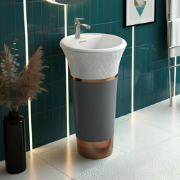 Plantex Matt Acrylic Resin & Quartz Pedestal Basin For Bathroom/Designer One Piece Pedestal Free Standing Round Wash Basin For Living Room/Hotel (White & Grey)