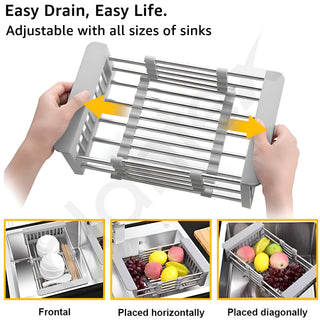 Plantex Stainless Steel & ABS Plastic Sink Drainer Basket/Sink Basket with Adjustable Armrest Kitchen Rack/Vegetable & Fruits Washing Organizer/Sink Utensils Drainer Stand - Pack of 1 (White)