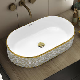 Plantex Designer Washbasin for Bathroom/Ceramic Countertop Basin/Oval Tabletop Wash Basin/Hand Wash Sink for Restaurant/Hotel (20.5x12x4.5 inch - White & Gold)