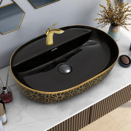 Plantex Ceramic Tabletop Wash Basin for Bathroom/Counter Top Washbasin/Oval Vessel Sink Basin for Home/Hotel/Office (24x16x5.5 Inch - Black & Gold)