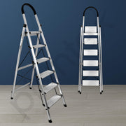 Plantex Surestep 6 Step Aluminum Ladder for Home/Non-Slip Wide Step Foldable Ladder for Home Use with Knee Guard, PVC Shoes and Cross Bars (Anodize-Silver)