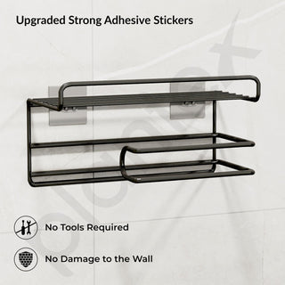 Plantex GI Steel Self Adhesive Toilet Paper Holder/Tissue Paper Roll Holder with Mobile Stand/Towel Bar Hanger Storage Rack/Bathroom Accessories(Black)