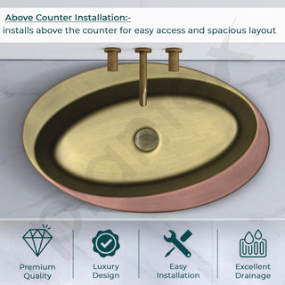 Plantex Ceramic Washbasin/Basin for Bathroom/Oval Tabletop Wash Basin/Countertop Vessel Sink for Home, Office – (Brass & Copper Antique - 24 x 15 x 6 Inch)