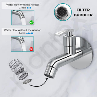 Plantex Pure Brass COL-1002 Long Body Bib Cock for Bathroom with Water Saving Aerator/Wall Mount BibTap with Wall Flange for Bathroom-7 Year Warranty (Chrome)