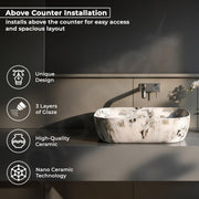 Plantex Basin for Bathroom/Ceramic Table Top Basin/Counter Top Wash Basin - (Alpha -NS-108, Marble Finish, 18 x 13 x 5.5 Inch)