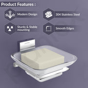 Plantex 304 Grade Stainless Steel Soap Dish/Glass Soap Holder/Soap Storage for Bathroom/Bathroom Accessories - Crystal (Chrome)