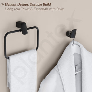 Plantex Stainless Steel Bathroom Set/Glass Soap Holder and Tumbler Holder/Towel Rod/Napkin Holder/Robe Hook for Bathroom/Bathroom Accessories - Set of 5 (Black)