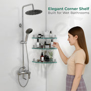 Plantex Transparent Glass Shelf for Living Room/Glass Corner Shelf for Bathroom with Stainless Steel Railings and Brackets/Bathroom Organizer/Kitchen Racks-(12 x12 Inch-Pack of 3)
