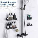 Plantex Bathroom Organiser Without Drill/Stainless Steel Self Adhesive Shelf/Soap Dish for Kitchen/Wall Mount Tumbler Holder - Bathroom Accessories Set (Black, Combo)