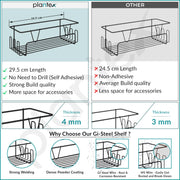 Plantex Bathroom Organiser Without Drill/Shelf for Wall Adhesive Black/GI Steel Shelf for Bathroom with Side Hooks/Washroom Accessories Set - Powder Coated (Pack of 2)