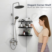 Plantex Premium Glass Corner Shelf for Bathroom /  Glass Shelf for Living Room / Bathroom Corner Shelf / Kitchen Glass Shelf/Storage Organiser / Kitchen Shelf Rack -(Black -12 x 12 Inches - Pack of 3)