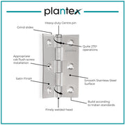 Plantex Heavy Duty Door Butt Hinges 3 inch x 16 Gauge/1.5 mm Thickness Home/Office/Hotel for Main Door/Wooden/Bedroom/Kitchen/Window/Kabza - Pack of 12 (Satin Matt)