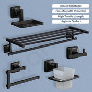 Plantex 304 Grade Stainless Steel Bathroom Accessories Set of 5 - Towel Stand/Napking Holder/Soap Holder/Toothbrush Stand/Robe Hanger - Squaro (Black)