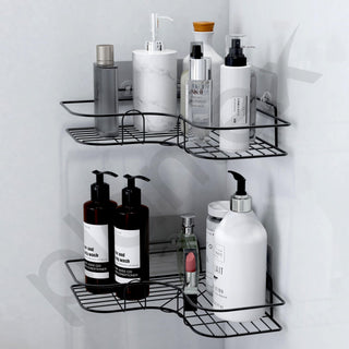 Plantex Self Adhesive Bathroom Side Corner Shelf/No Drill Bathroom Corner Shelves for Wall/Bathroom Organizer Without Drill - GI Metal (Pack of 2), Black