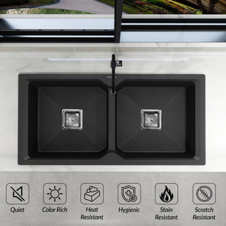 Plantex Kitchen Sink/UV Protected Quartz Sink for Kitchen/Double Bowl Sink with Coupling and Hose Pipe (Charcoal Black - 37x18inch)