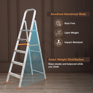Plantex Restructured Legend Aluminium Folding 5 Step Ladder for Home - 5 Wide Step Ladder (Orange-Silver)