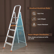 Plantex Restructured Legend Aluminium Folding 5 Step Ladder for Home - 5 Wide Step Ladder (Orange-Silver)