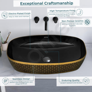 Plantex Wash Basin for Bathroom/Ceramic Counter Top Basin/Washbasin for Home/Office/Hotel - (Black & Gold - 23.5 x 15 x 5.5 Inch)
