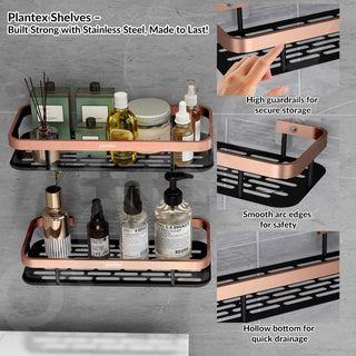 Plantex Self Adhesive Bathroom Shelf for Wall/Stainless Steel Rack with Aluminium Railing & Magic Stickers/Bathroom Organiser - Pack of 3 (12x5 inches, Copper & Black)