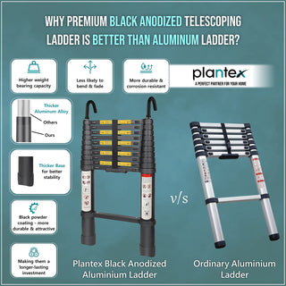 Plantex 2.6m (8.5 ft.) Portable and Compact Aluminium Telescopic Ladder with Removable Hooks/Foldable Multipurpose Ladder for Home & Outdoor Use/2 Years of Warranty by Plantex/EN131 Certified-(Black)