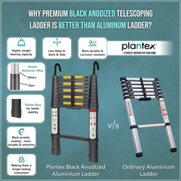Plantex 3.8m (12.5 ft.) Portable and Compact Aluminium Telescopic Ladder with Removable Hooks/Foldable Multipurpose Ladder for Home & Outdoor Use/2 Years of Warranty By Plantex/EN131 Certified-(Black)