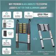 Plantex 2.6m (8.5 ft.) Portable and Compact Aluminium Telescopic Ladder with Removable Hooks/Foldable Multipurpose Ladder for Home & Outdoor Use/2 Years of Warranty By Plantex/EN131 Certified-(Black)