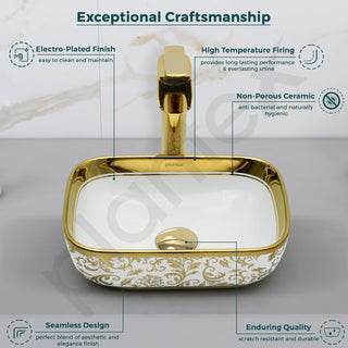 Plantex Ceramic Basin for Bathroom/Designer TableTop Wash Basin/Bathroom Vessel Sink/Washbasin - White & Gold (14.1 x 9 x 5 Inch)