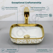 Plantex Ceramic Basin for Bathroom/Designer TableTop Wash Basin/Bathroom Vessel Sink/Washbasin - White & Gold (14.1 x 9 x 5 Inch)