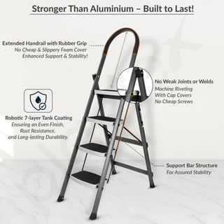 Plantex 4 Step Ladder for Home-Foldable Steel -Wide Anti Skid Steps - 5 Year Manufacturer Warranty (Gray & White)