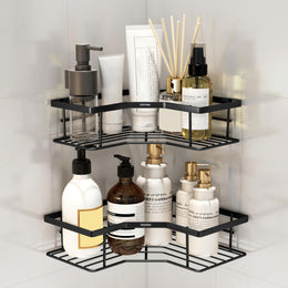 Plantex Self Adhesive Bathroom Shelf Rack/Bathroom Organizer Without Drill/Corner Shelf for Bathroom Wall/Kitchen Corner Shelves Self Adhesive/Shelves for Kitchen-Pack of 2(Black)