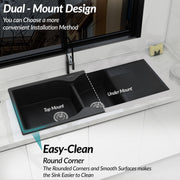 Plantex Matt Kitchen Sink/Quartz Sink for Kitchen/UV Protected Double Bowl with Drain Board, Coupling and Adjustable Drain Rack (Charcoal Black - 45x20inch)