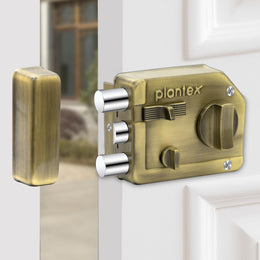 Plantex Heavy Duty Rim Locks for Main Door/Tri Bolt Lock for Main Door with 4 Keys/Suitable for Inside Opening Wooden Door - Pack of 1 (Brass Antique)