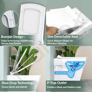 Plantex Commode for Toilet/Ceramic Western Toilet/Square Wall Hung Commode with Soft Closing Toilet Seat - P Trap Outlet - (White)