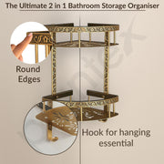 Plantex Aluminium Corner Shelf For Bathroom Wall/2 Tier Side Corner Shelf/Bathroom Corner Shelf with Hooks/Premium Bathroom Organizer (Brass-Antique Finish)