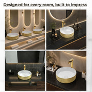 Plantex Ceramic Table Top Wash Basin/Small Washbasin for Bathroom/Countertop Vessel Sink Basin(Gold&White -14 x14x5 Inch)