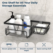 Plantex Bathroom Shelf for Wall Adhesive/GI Steel Bathroom Soap Stand with Side Hooks & Magic Sticker/Bathroom Organiser Without Drill (Black, Powder Coated)