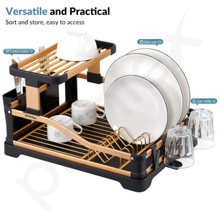 Plantex Kitchen Storage Rack/Aluminium Fold Flat Dish Drying Rack/2-Tier with Drainboard/Kitchen Organiser Rack - (Gold & Black)