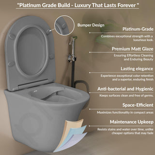 Plantex Imported Commode for Toilet/Ceramic Wall Hung Commode/Rimless Washdown Flush Commode with Soft Closing Toilet Seat - P Trap Outlet (1162 - Matt Grey)