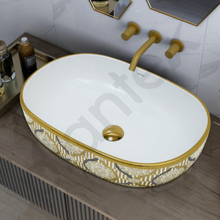 Plantex Tabletop Washbasin for Bathroom/Designer Ceramic Hand Wash Basin/Vessel Sink Basin for Home/Hotel - (23x16x5.5 inch - White & Gold)