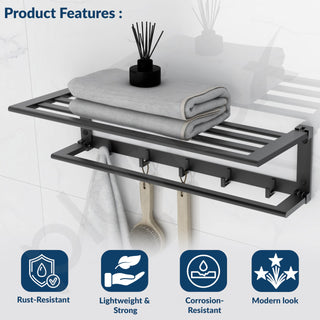 Plantex Folding Towel Rack with Towel Rod and Hooks for Bathroom/24 Inch Aluminium Towel Hanger/Towel Stand/Towel Rod/Bathroom Accessories - Pack of 1 (Black, 6900)